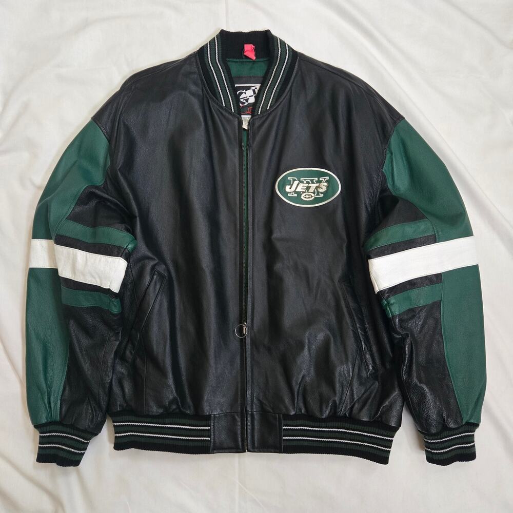 Vtg G-III NY Jets Leather Bomber Jacket Size XL G-III Carl Banks 1990's *read*